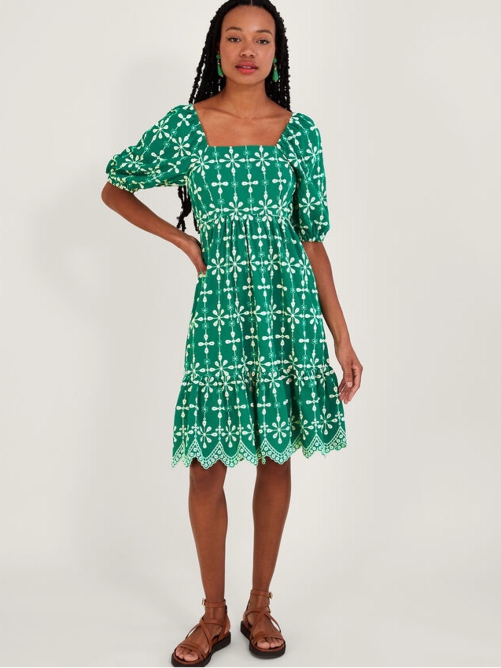 Monsoon Embroidered puff sleeve short dress (Sz XL) sustainable cotton green